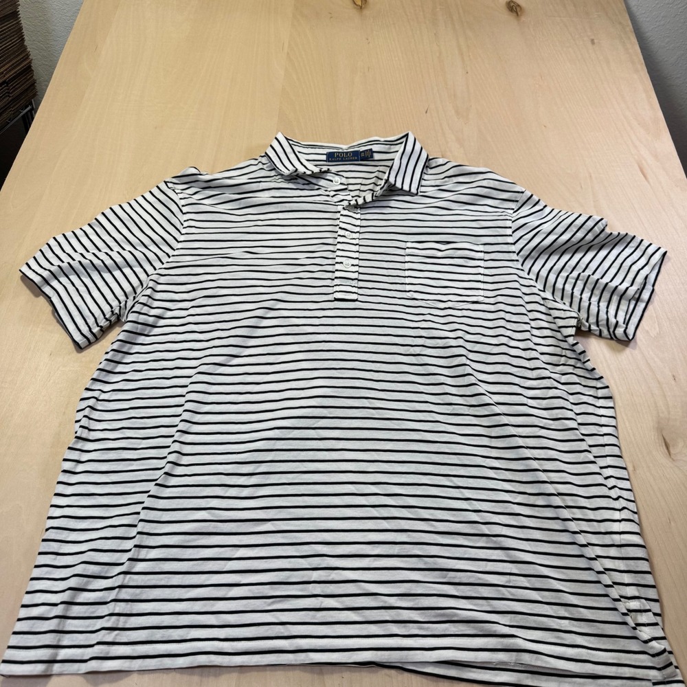 Polo Ralph Lauren Mens XXL‎ White Black Striped Short Sleeve Pocket Polo Shirt